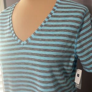 Gap Large V-neck Pullover Teal and Gray Stripes